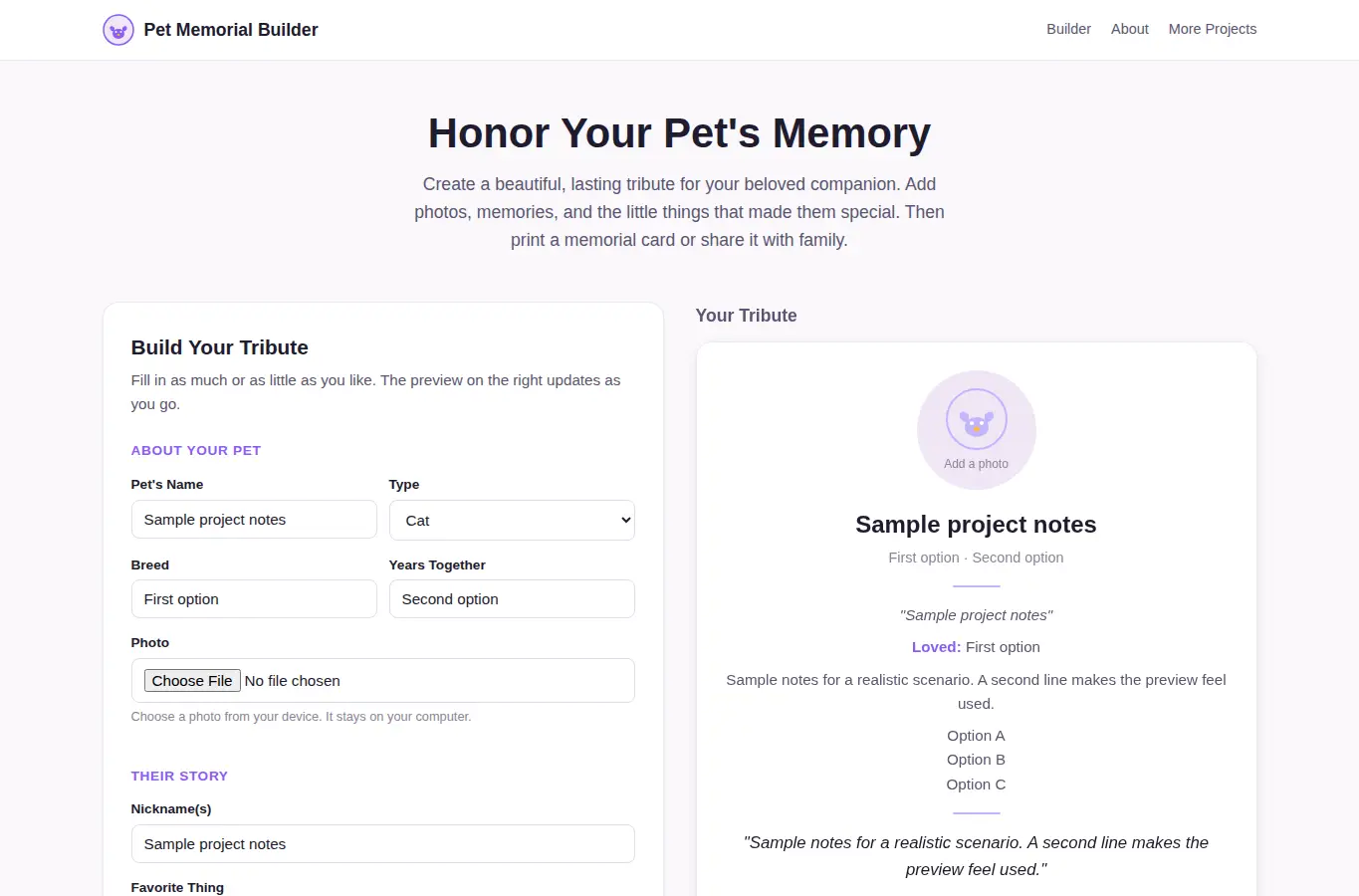 Screenshot of Pet Memorial Tribute Builder interface showing the project page in use